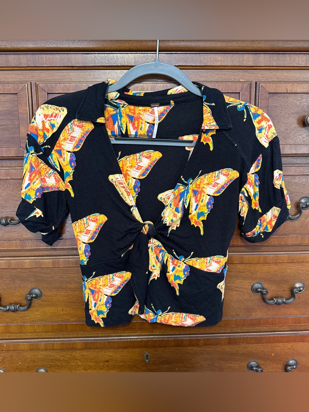 Free People Black Butterfly Print Tie Front Cropped Top S Boho Y2K Whimsigoth